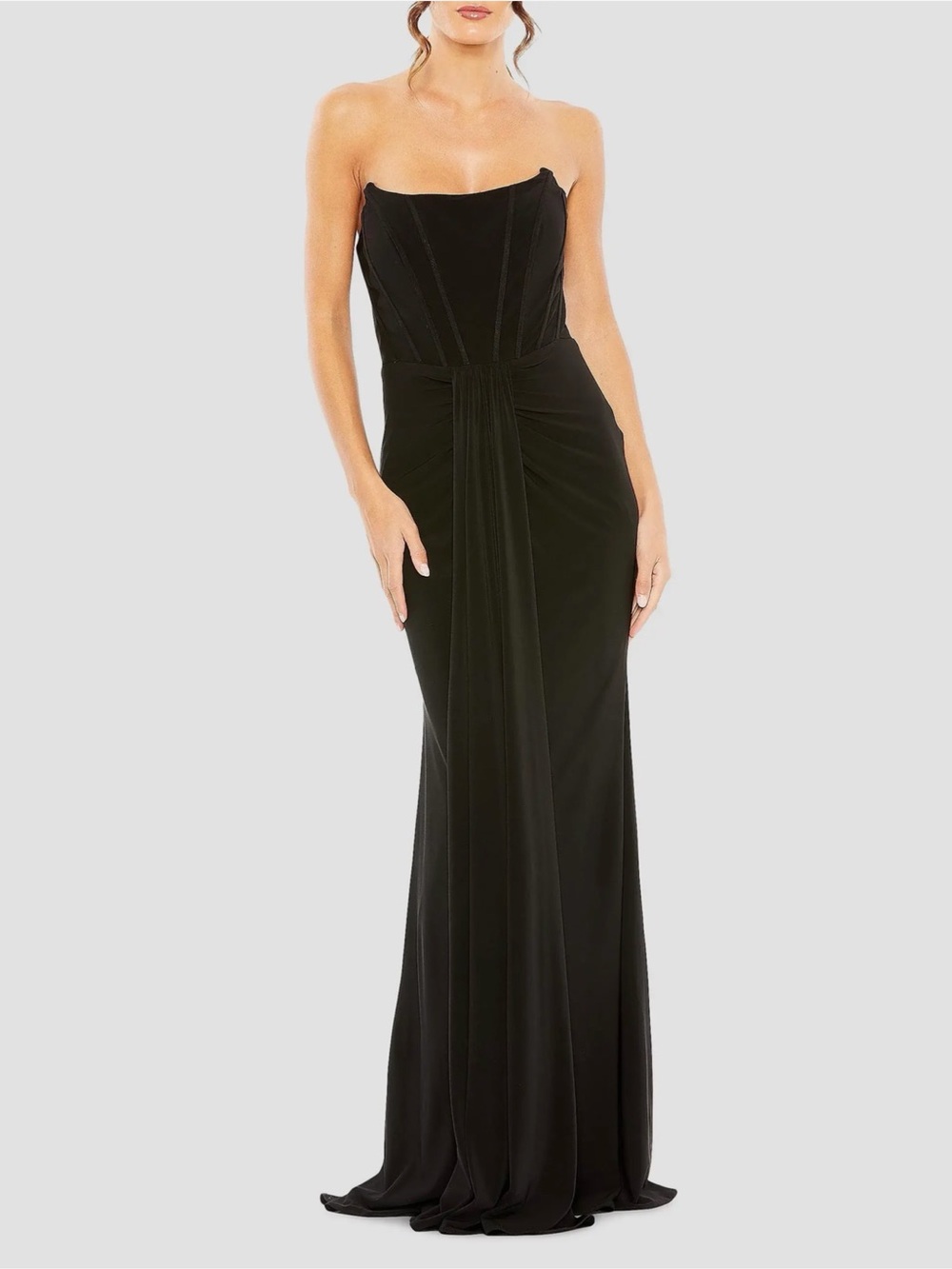 Mac Duggal Strapless Black Corset and Jersey Evening Gown
